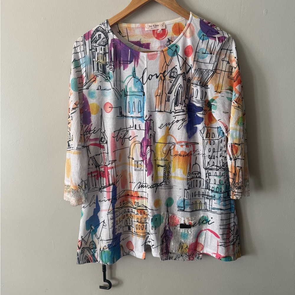 Vintage Y2K Jess & Jane Rome Europe Watercolor Shirt size Small 3/4 Sleeve